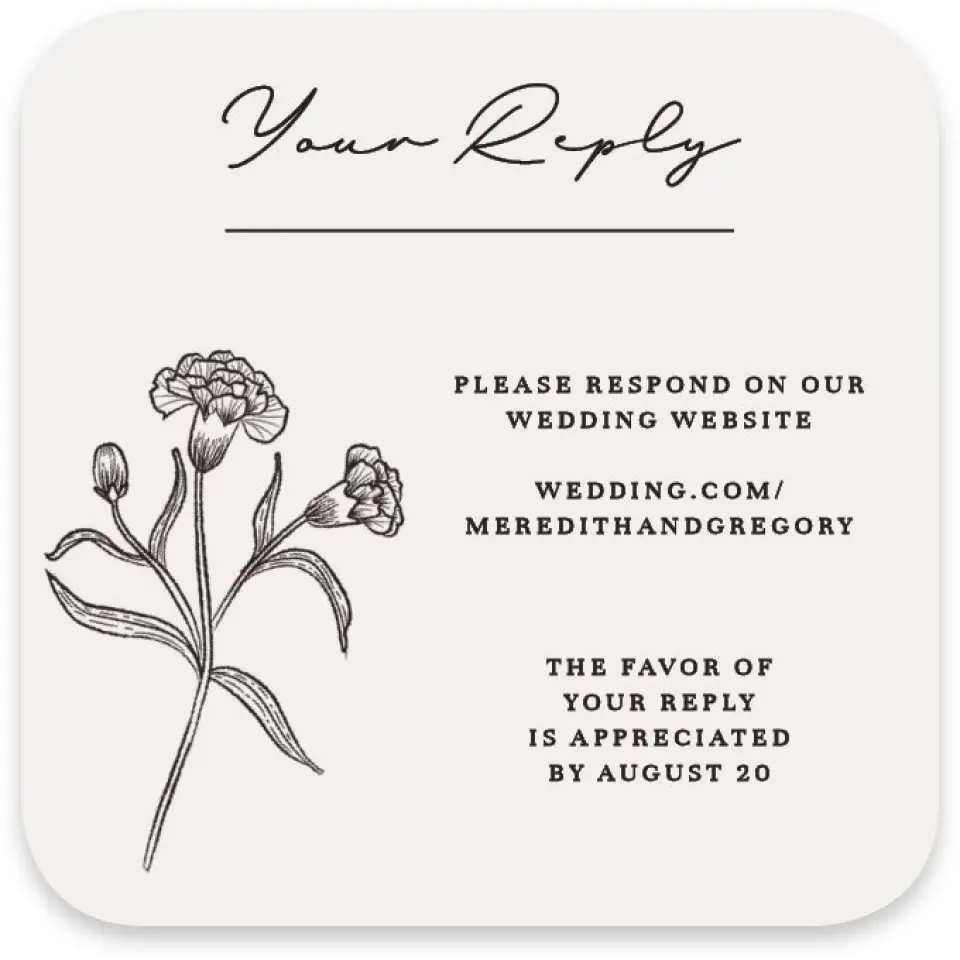 This is a 3¼" x 3¼" Wedding Invitation RSVP Postcard called Opulent Endearment printed in full color with Silver foil on Luxe Satin paper