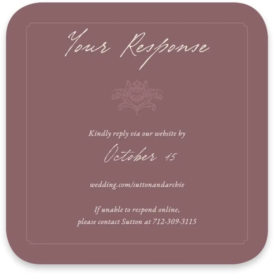 This is a 3¼" x 3¼" Wedding Invitation RSVP Postcard called Victorian Aura printed in full color with Silver foil on Luxe Satin paper