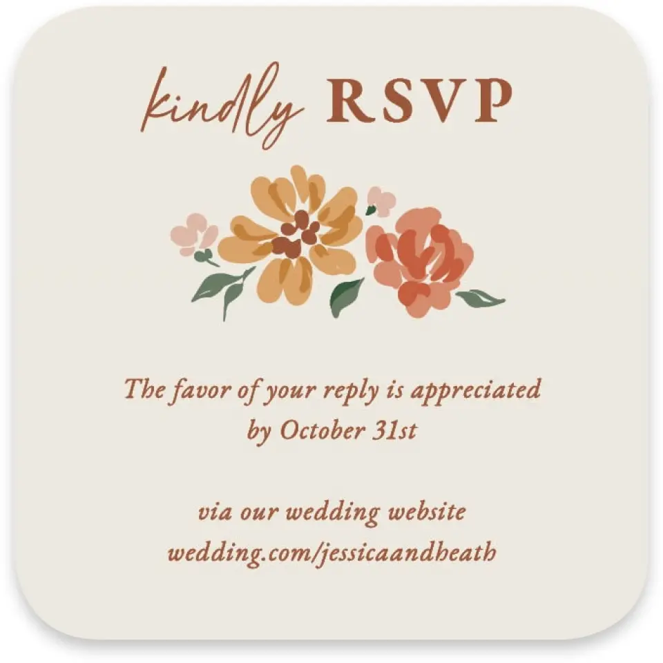 This is a 3¼" x 3¼" Wedding Invitation RSVP Postcard called Plush Petals printed in full color with Gold foil on Luxe Satin paper