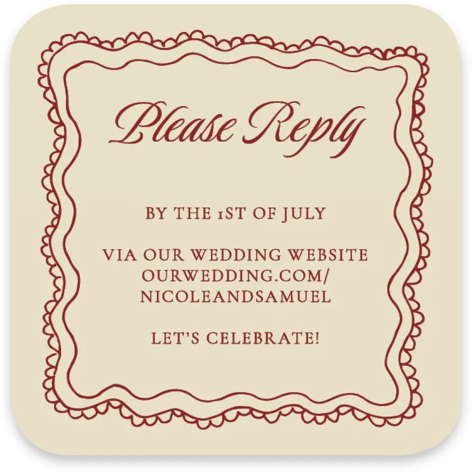 This is a 3¼" x 3¼" Wedding Invitation RSVP Postcard called Bloom & Crest printed in full color with Gold foil on Luxe Satin paper