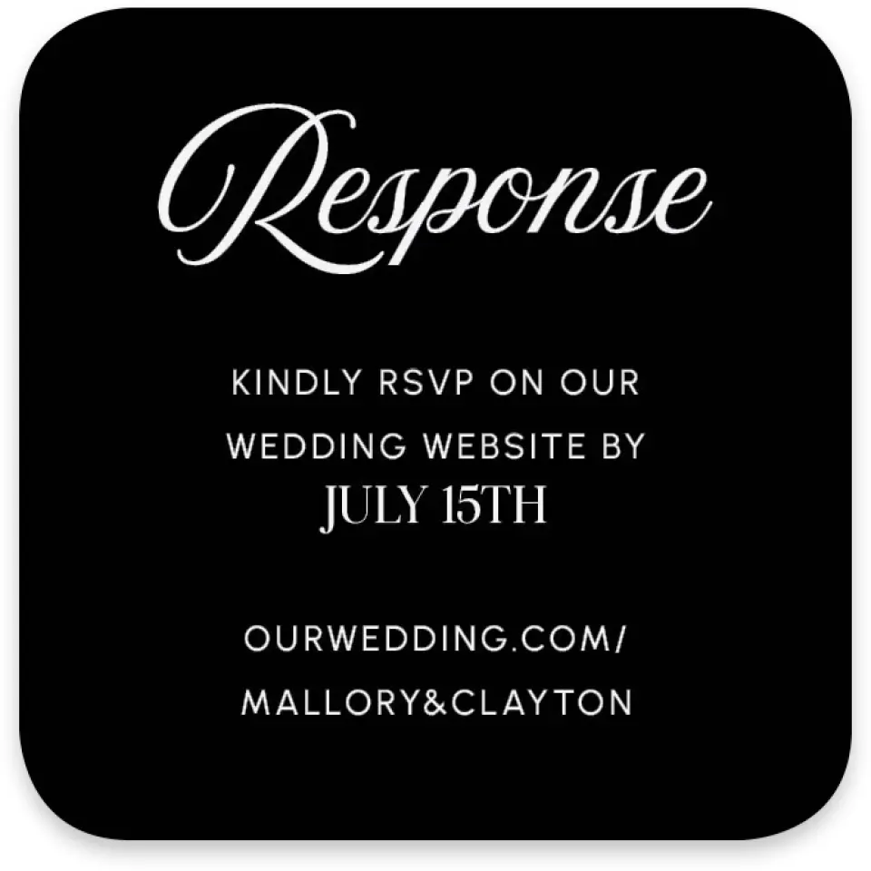 This is a 3¼" x 3¼" Wedding Invitation RSVP Postcard called The Mallory printed in full color on Luxe Satin paper