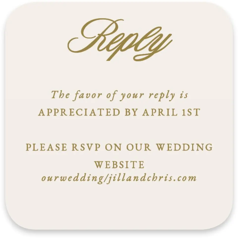 This is a 3¼" x 3¼" Wedding Invitation RSVP Postcard called The Jillian printed in full color on Luxe Satin paper