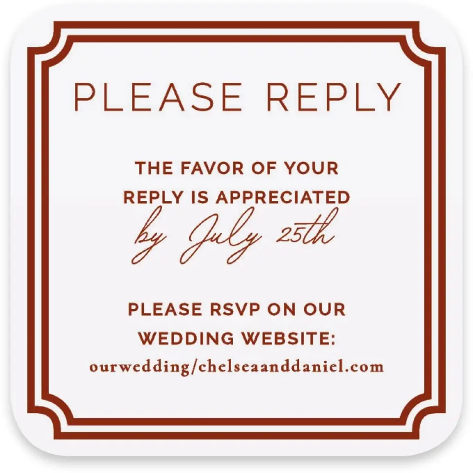 This is a 3¼" x 3¼" Wedding Invitation RSVP Postcard called The Chelsea printed in full color on Luxe Satin paper