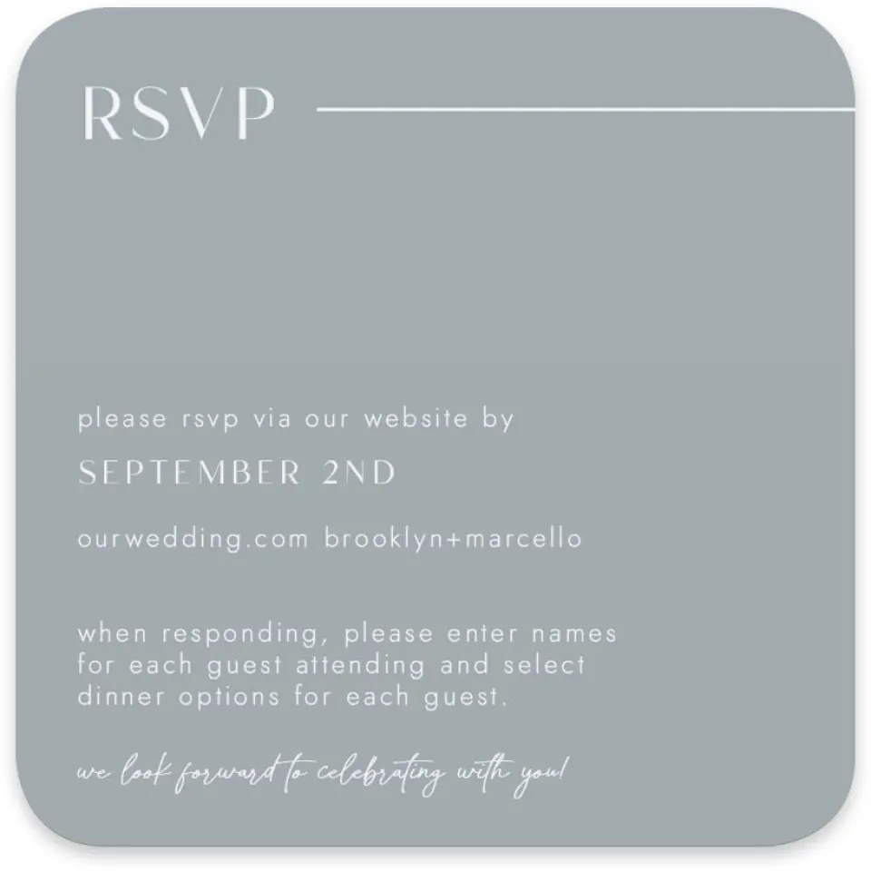 This is a 4" x 4" Wedding Invitation RSVP Postcard called The Brooklyn printed in full color on Luxe Satin paper