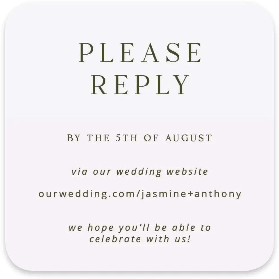 This is a 4" x 4" Wedding Invitation RSVP Postcard called The Jasmine printed in full color on Luxe Satin paper