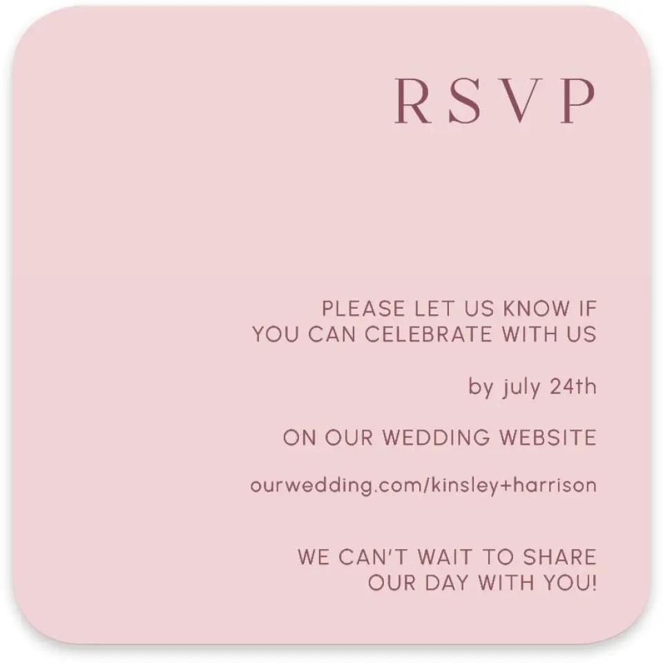 This is a 4" x 4" Wedding Invitation RSVP Postcard called The Kinsley printed in full color on Luxe Satin paper