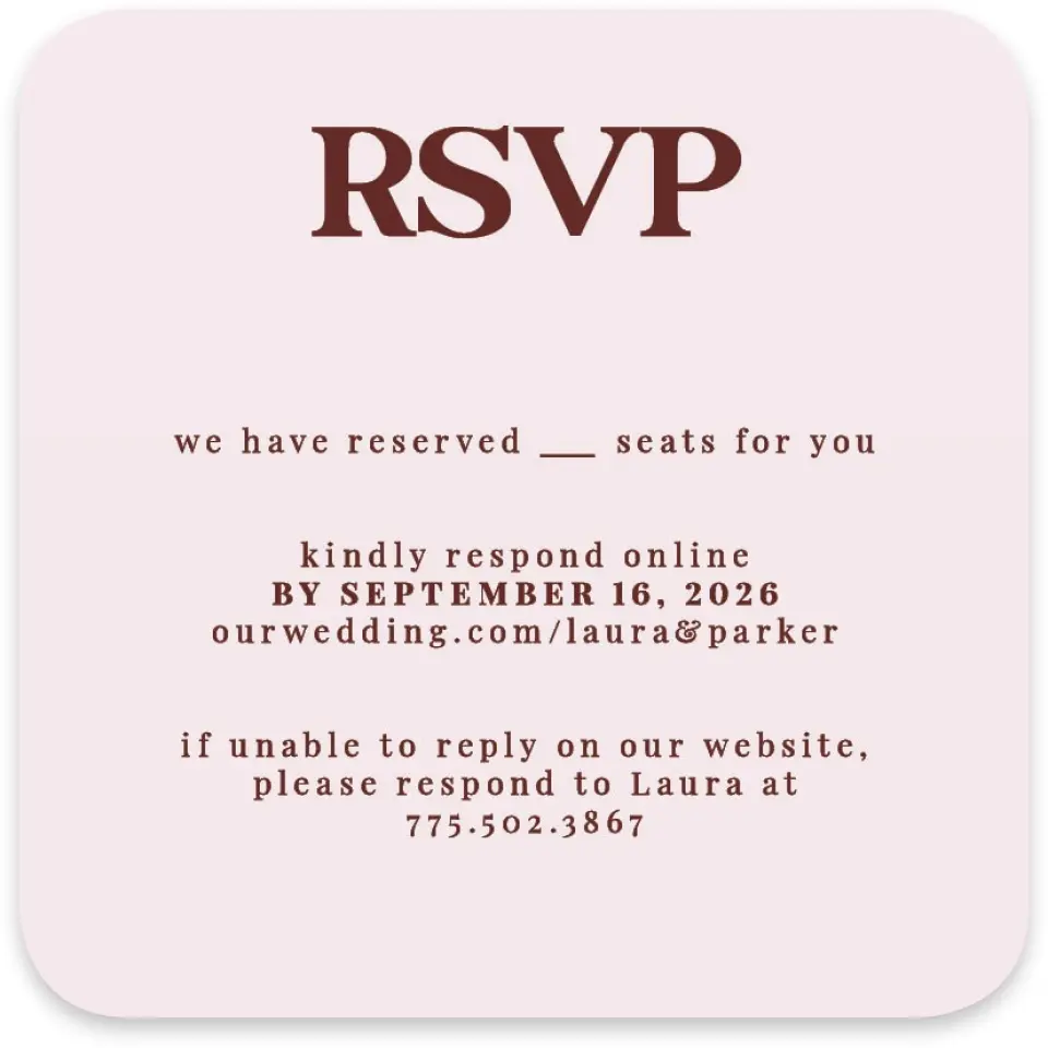 This is a 4" x 4" Wedding Invitation RSVP Postcard called The Laura printed in full color on Luxe Satin paper