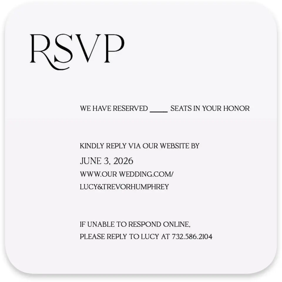 This is a 4" x 4" Wedding Invitation RSVP Postcard called The Lucy printed in full color on Luxe Satin paper