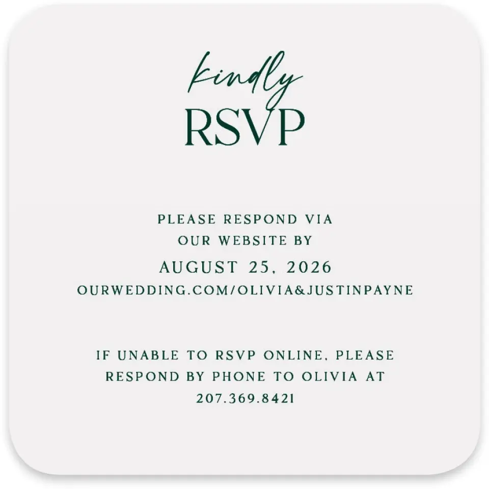 This is a 4" x 4" Wedding Invitation RSVP Postcard called The Olivia printed in full color with Rose Gold foil on Luxe Satin paper