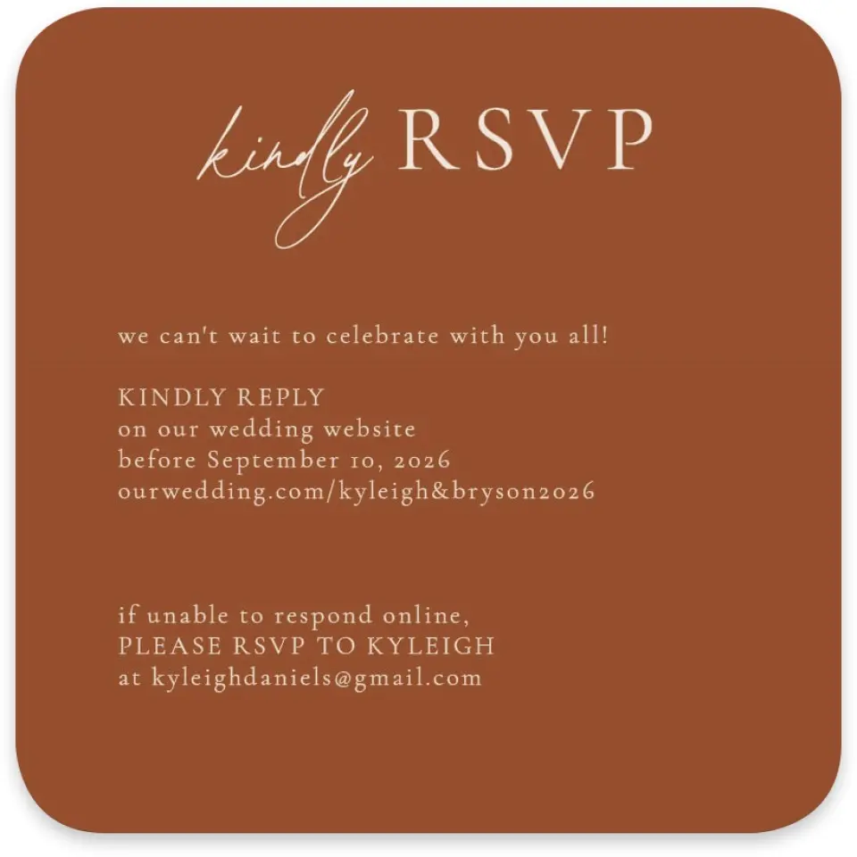 This is a 4" x 4" Wedding Invitation RSVP Postcard called The Kyleigh printed in full color on Luxe Satin paper