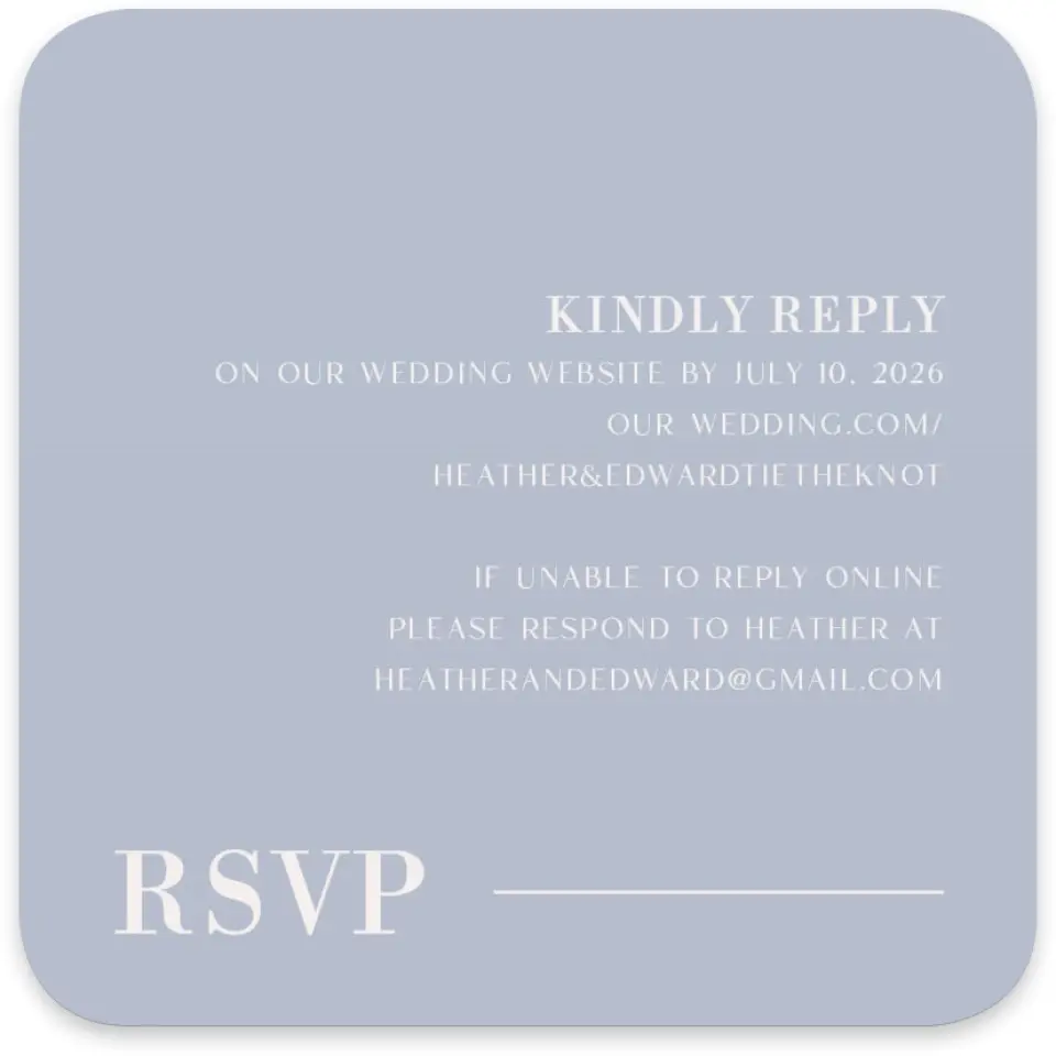 This is a 4" x 4" Wedding Invitation RSVP Postcard called The Heather printed in full color on Luxe Satin paper
