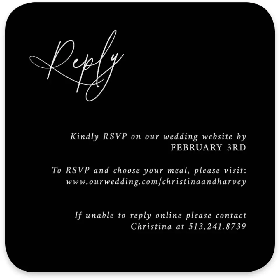 This is a 4" x 4" Wedding Invitation RSVP Postcard called The Christina printed in full color on Luxe Satin paper