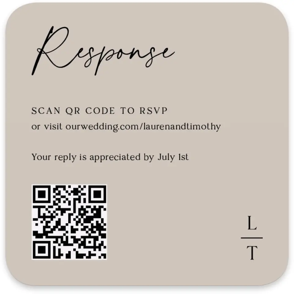 This is a 4" x 4" Wedding Invitation RSVP Postcard called The Lauren printed in full color on Luxe Satin paper