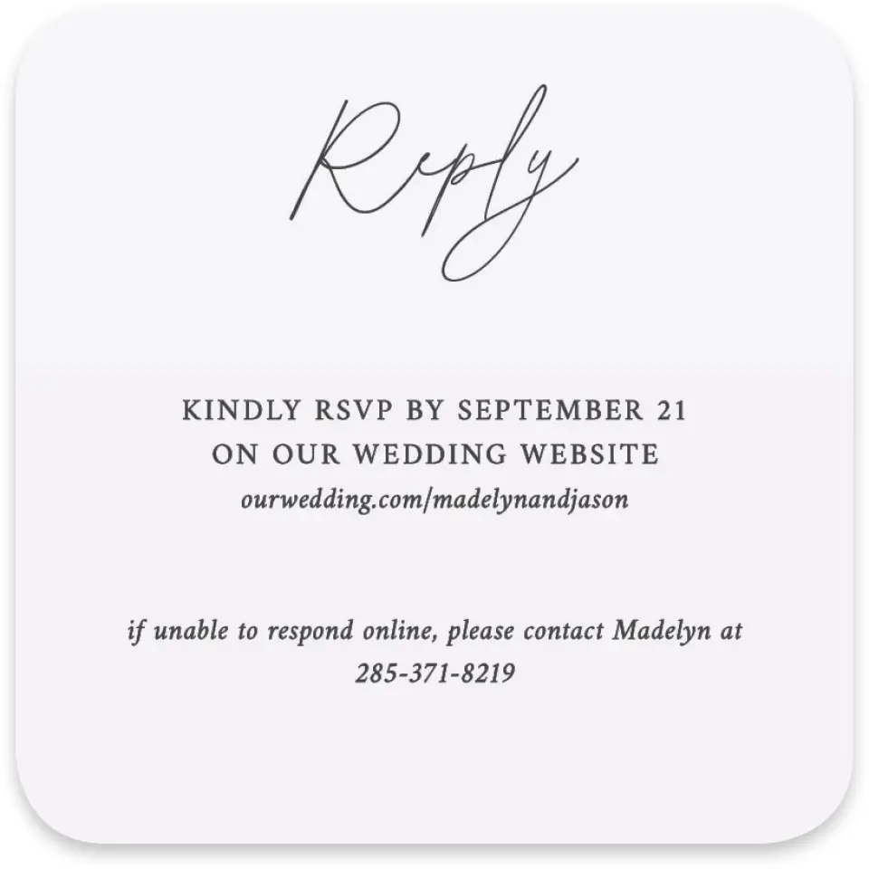 This is a 4" x 4" Wedding Invitation RSVP Postcard called The Madelyn printed in full color on Luxe Satin paper