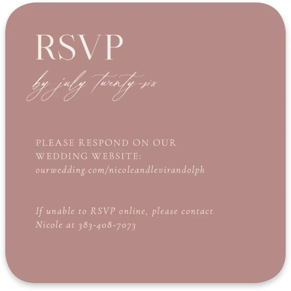 This is a 4" x 4" Wedding Invitation RSVP Postcard called The Nicole printed in full color on Luxe Satin paper
