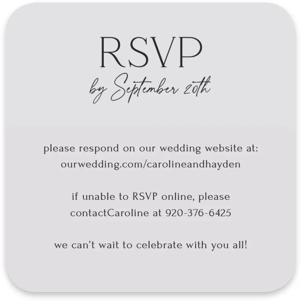 This is a 4" x 4" Wedding Invitation RSVP Postcard called The Caroline printed in full color with Gold foil on Luxe Satin paper