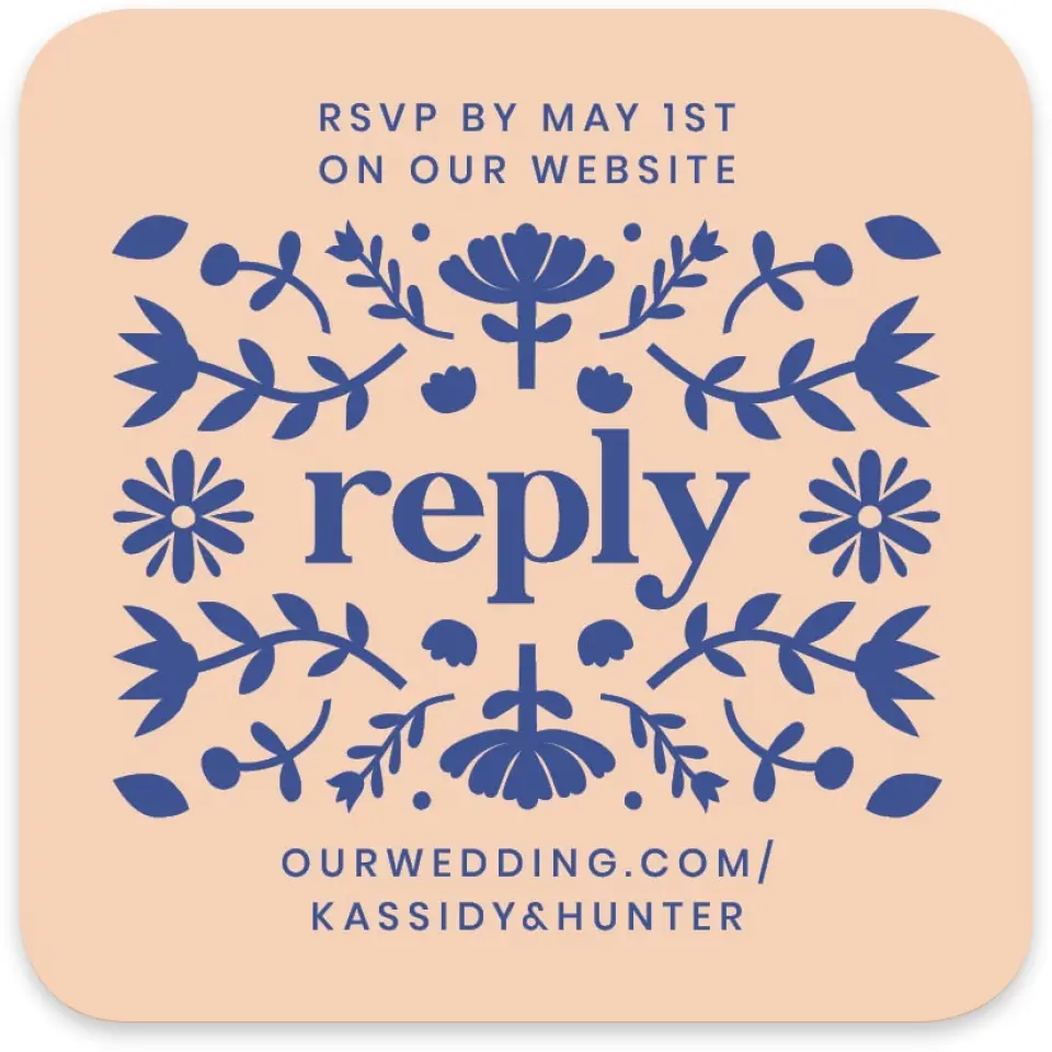 This is a 4" x 4" Wedding Invitation RSVP Postcard called The Kassidy printed in full color on Luxe Satin paper