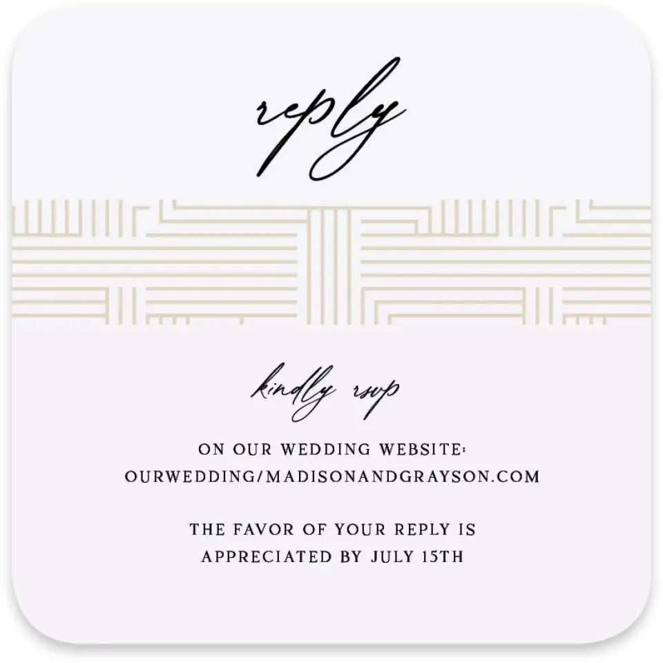 This is a 4" x 4" Wedding Invitation RSVP Postcard called Love Maze printed in full color with Gold foil on Luxe Satin paper