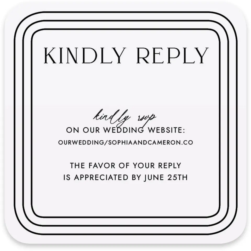 This is a 4" x 4" Wedding Invitation RSVP Postcard called Passionate Arch printed in full color with Gold foil on Luxe Satin paper