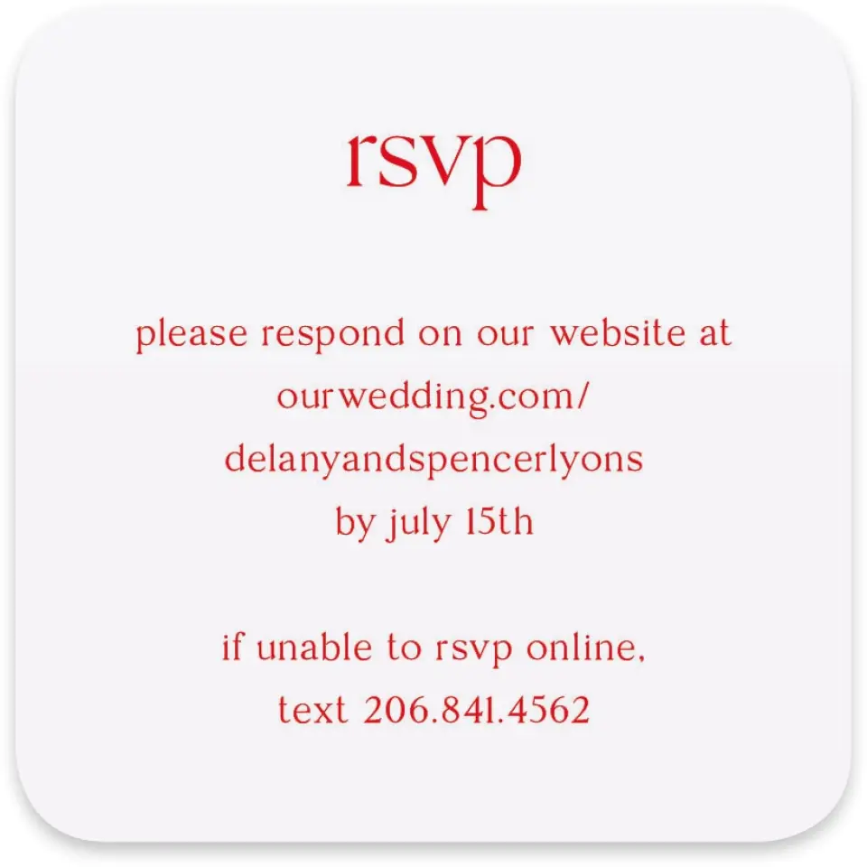 This is a 4" x 4" Wedding Invitation RSVP Postcard called The Delaney printed in full color on Luxe Satin paper