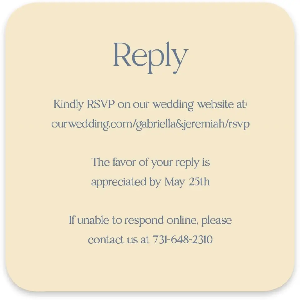 This is a 4" x 4" Wedding Invitation RSVP Postcard called The Gabriella printed in full color with Silver foil on Luxe Satin paper