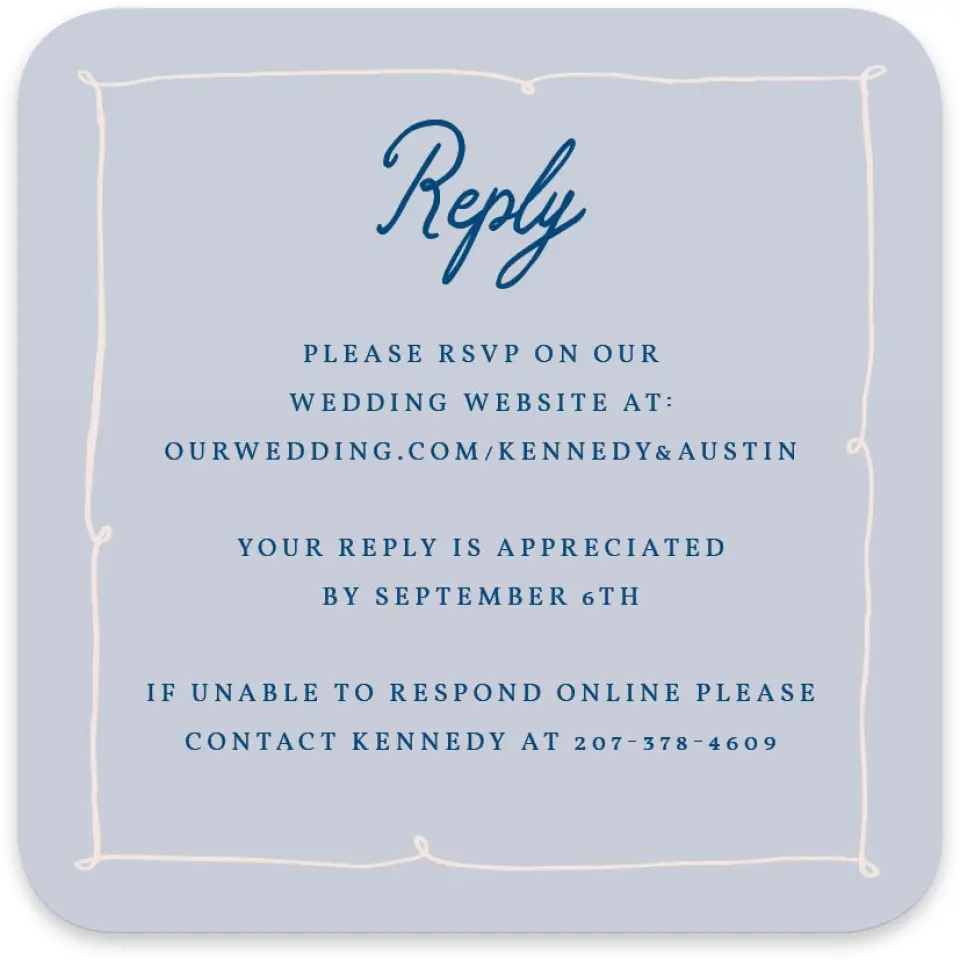This is a 4" x 4" Wedding Invitation RSVP Postcard called The Kennedy printed in full color on Luxe Satin paper