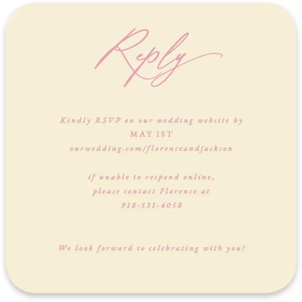 This is a 4" x 4" Wedding Invitation RSVP Postcard called The Florence printed in full color with Silver foil on Luxe Satin paper