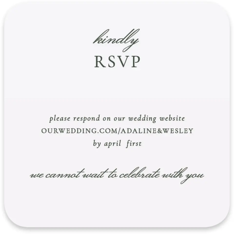 This is a 4" x 4" Wedding Invitation RSVP Postcard called The Adaline printed in full color on Luxe Satin paper