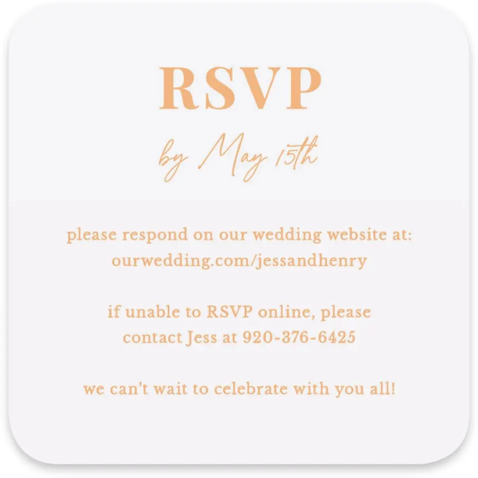This is a 4" x 4" Wedding Invitation RSVP Postcard called The Jess printed in full color on Luxe Satin paper