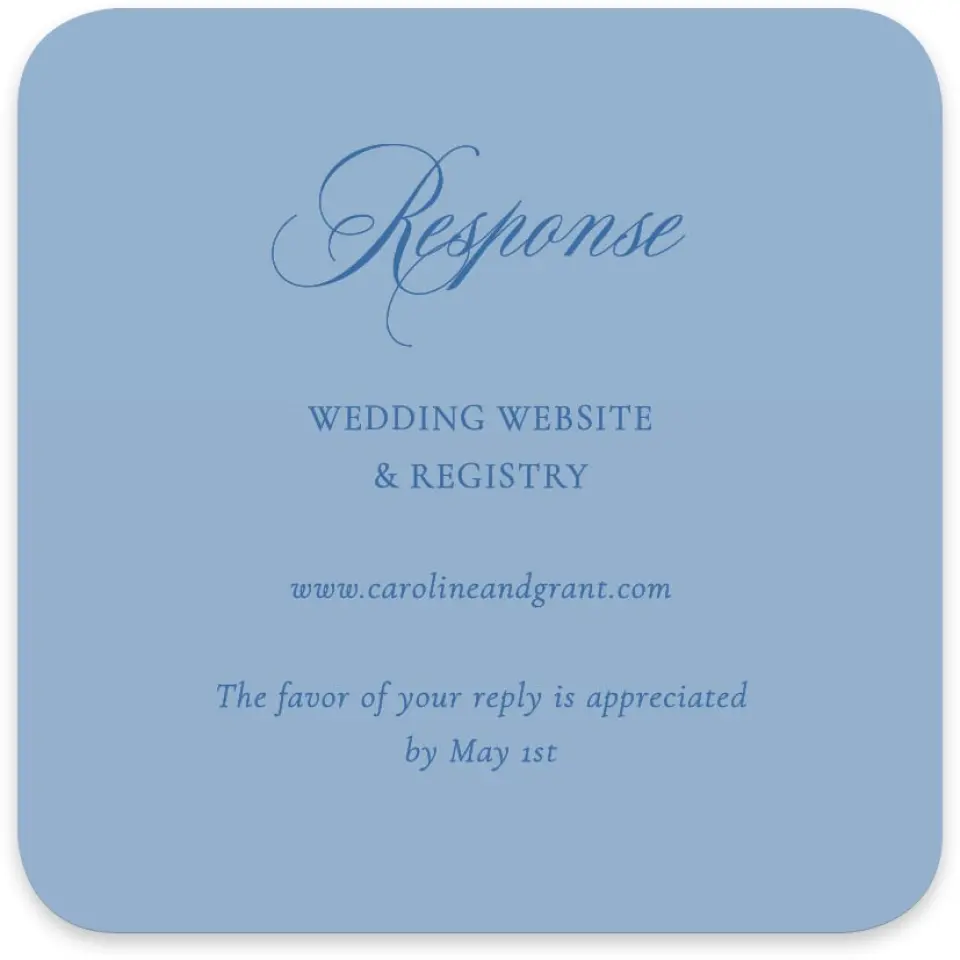 This is a 4" x 4" Wedding Invitation RSVP Postcard called Bradley printed in full color with Gold foil on Luxe Satin paper