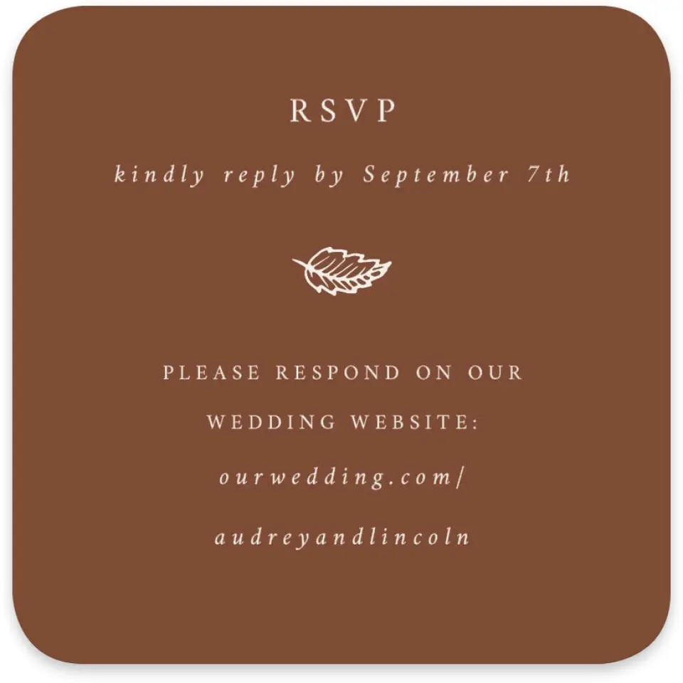 This is a 4" x 4" Wedding Invitation RSVP Postcard called Autumn Vow printed in full color on Luxe Satin paper