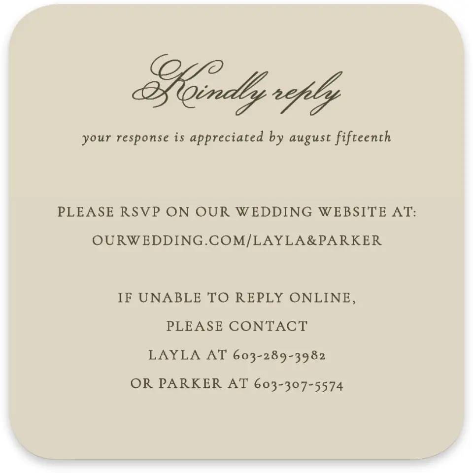 This is a 4" x 4" Wedding Invitation RSVP Postcard called Holderness printed in full color on Luxe Satin paper