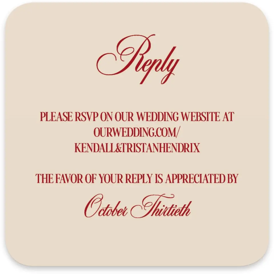 This is a 4" x 4" Wedding Invitation RSVP Postcard called Montecito printed in full color on Luxe Satin paper
