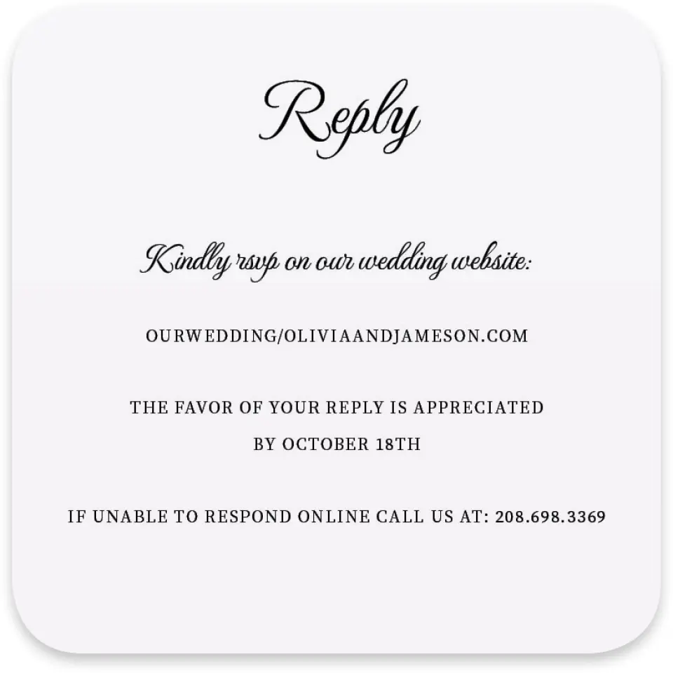 This is a 4" x 4" Wedding Invitation RSVP Postcard called Scarsdale printed in full color on Luxe Satin paper