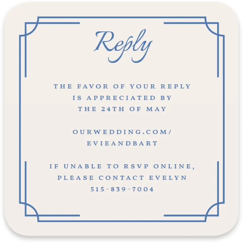 This is a 4" x 4" Wedding Invitation RSVP Postcard called Cambridge printed in full color on Luxe Satin paper