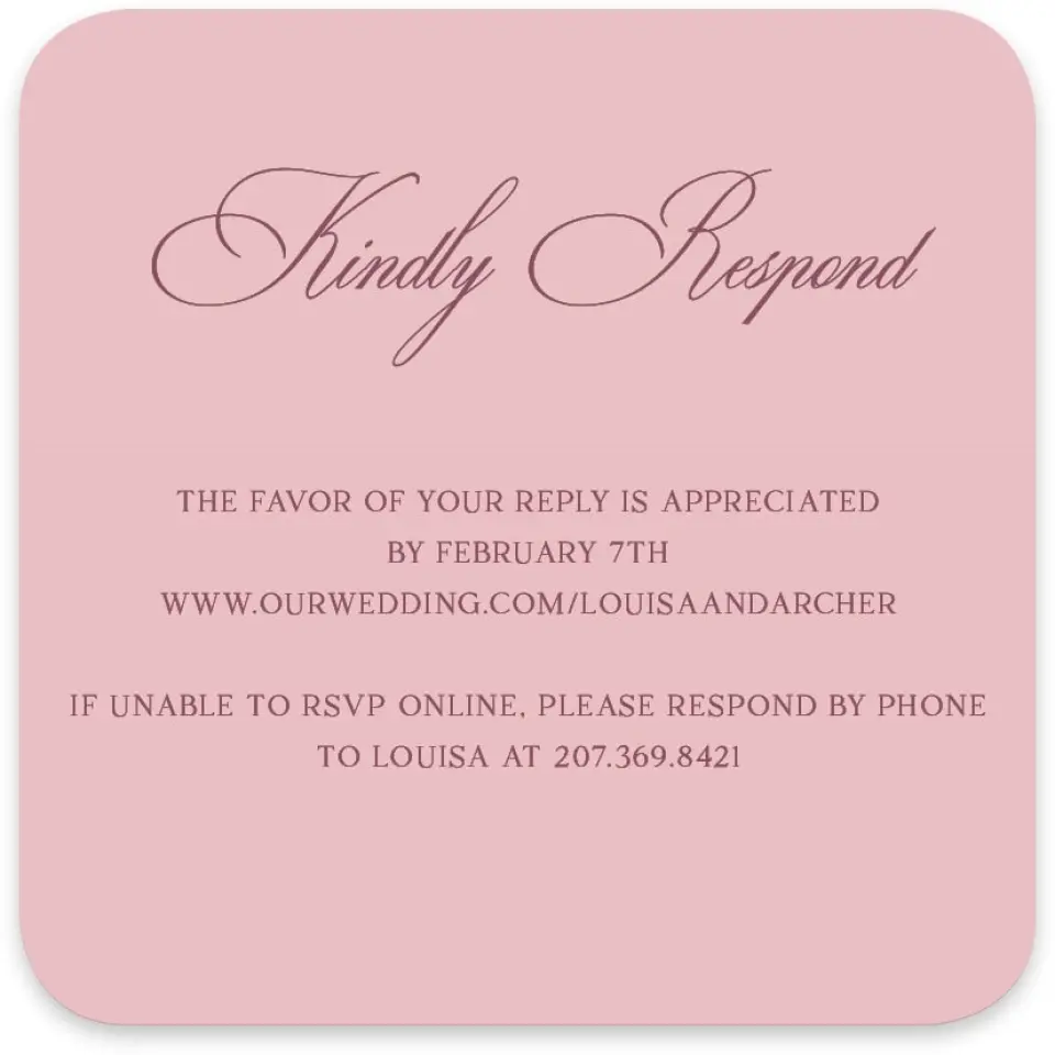 This is a 4" x 4" Wedding Invitation RSVP Postcard called Roswell printed in full color on Luxe Satin paper
