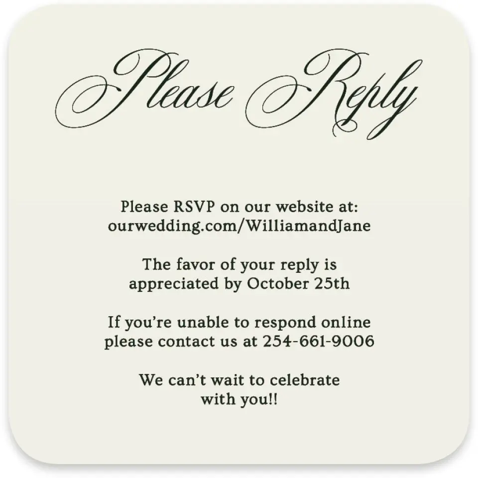 This is a 4" x 4" Wedding Invitation RSVP Postcard called Hillsborough printed in full color on Luxe Satin paper