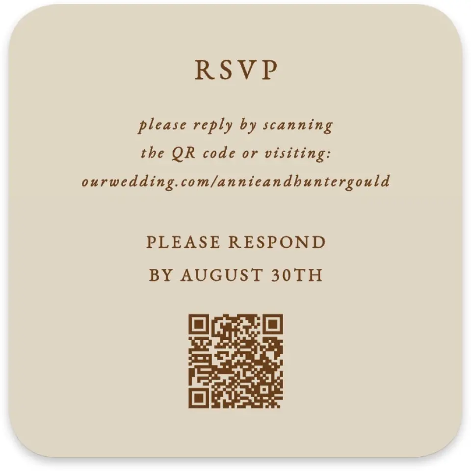 This is a 4" x 4" Wedding Invitation RSVP Postcard called Cedarhill Crossing printed in full color on Luxe Satin paper