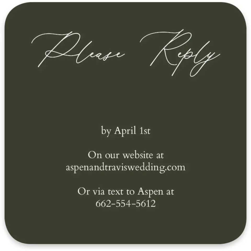 This is a 4" x 4" Wedding Invitation RSVP Postcard called Willowmere printed in full color with Silver foil on Luxe Satin paper