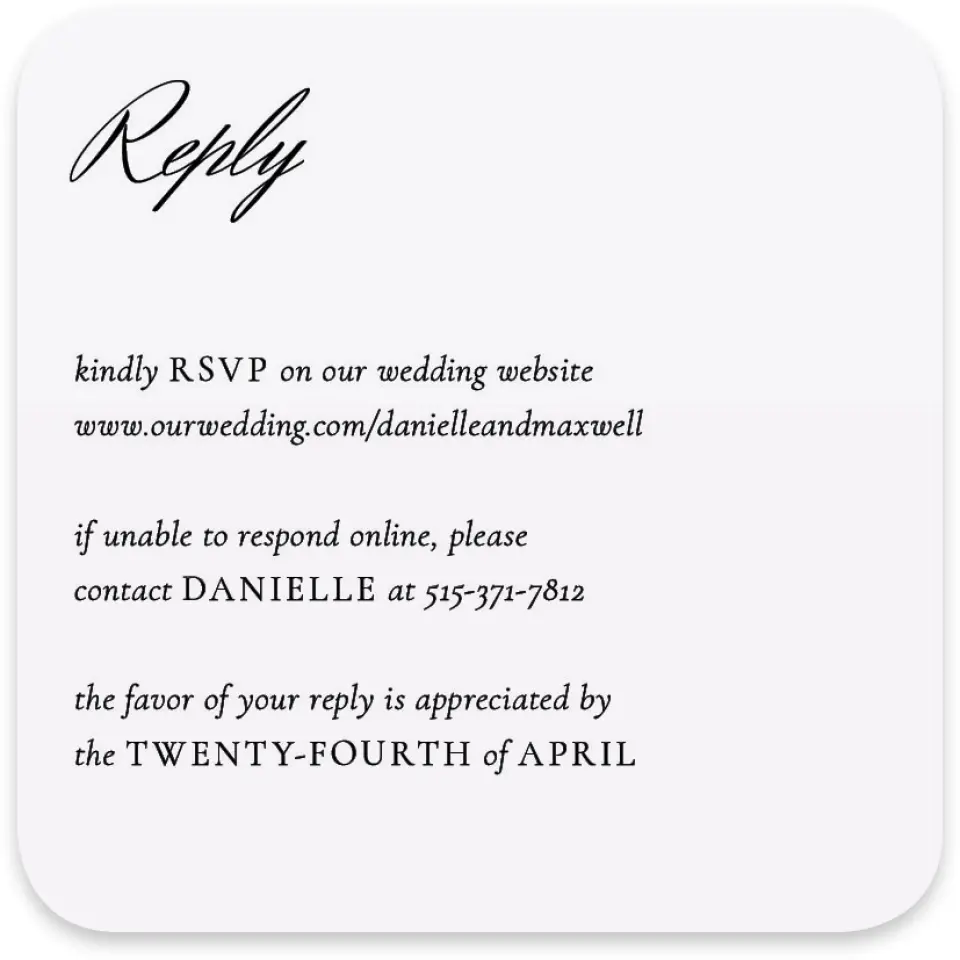 This is a 4" x 4" Wedding Invitation RSVP Postcard called Commonwealth Club printed in full color with Silver foil on Luxe Satin paper