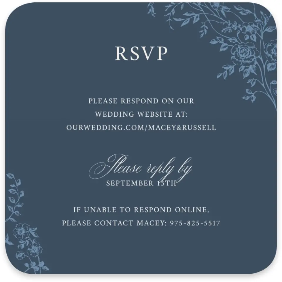 This is a 4" x 4" Wedding Invitation RSVP Postcard called Vintage Reverie printed in full color on Luxe Satin paper