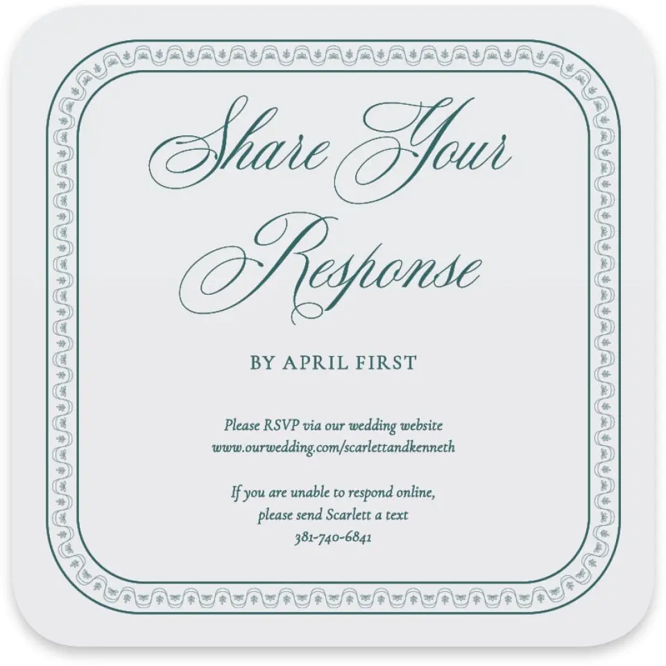 This is a 4" x 4" Wedding Invitation RSVP Postcard called Delicate Vintage printed in full color on Luxe Satin paper