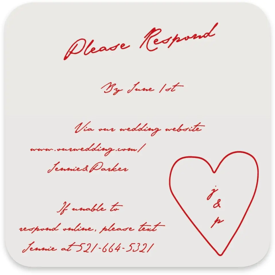 This is a 4" x 4" Wedding Invitation RSVP Postcard called With All Our Love printed in full color on Luxe Satin paper