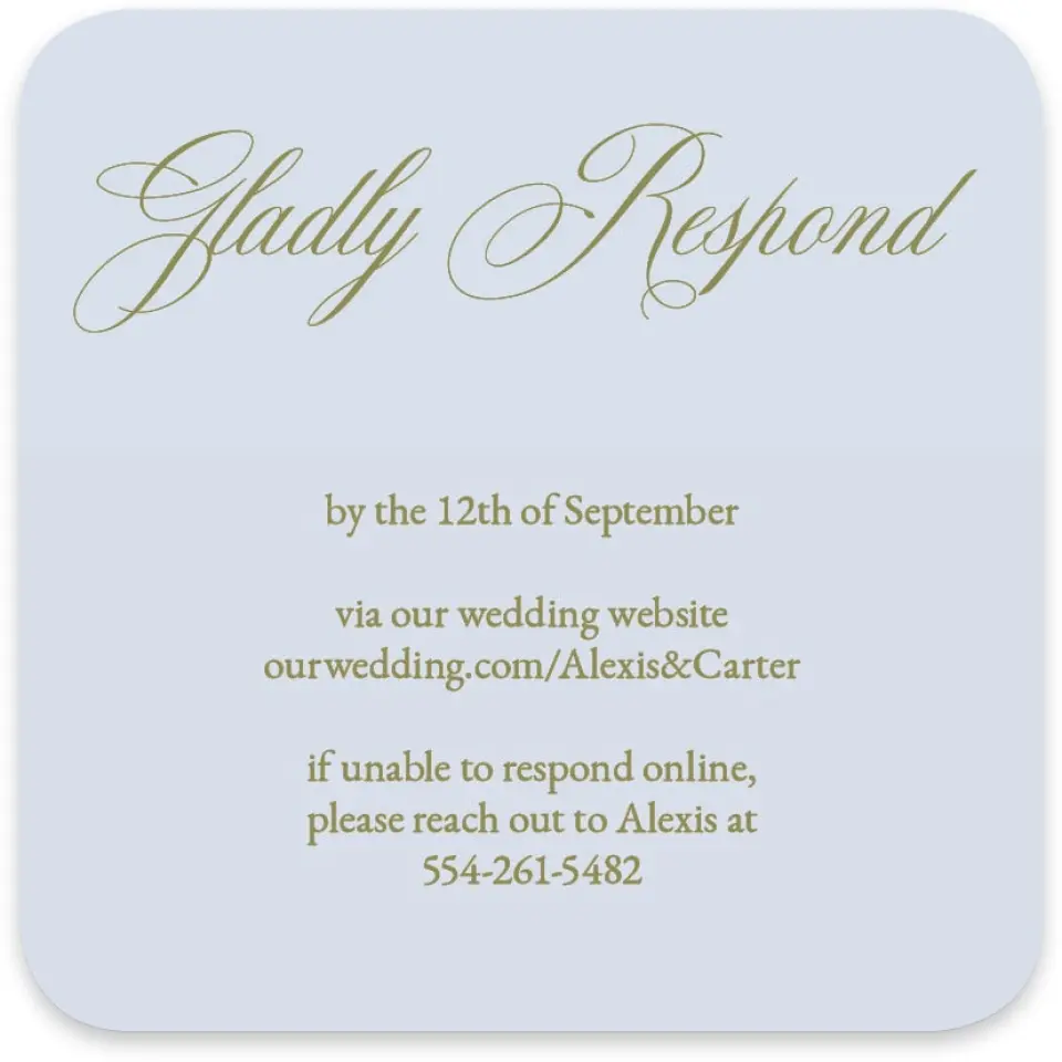 This is a 4" x 4" Wedding Invitation RSVP Postcard called Signature Vows printed in full color on Luxe Satin paper
