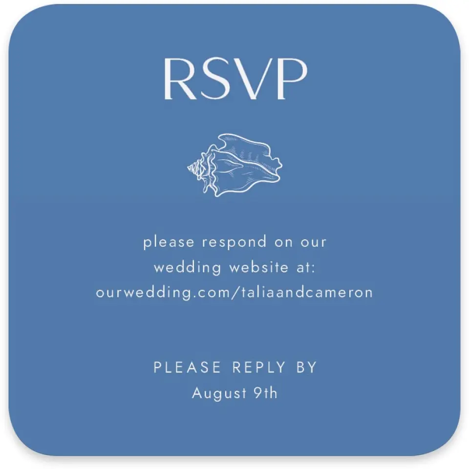 This is a 4" x 4" Wedding Invitation RSVP Postcard called Seaside Serenade printed in full color on Luxe Satin paper