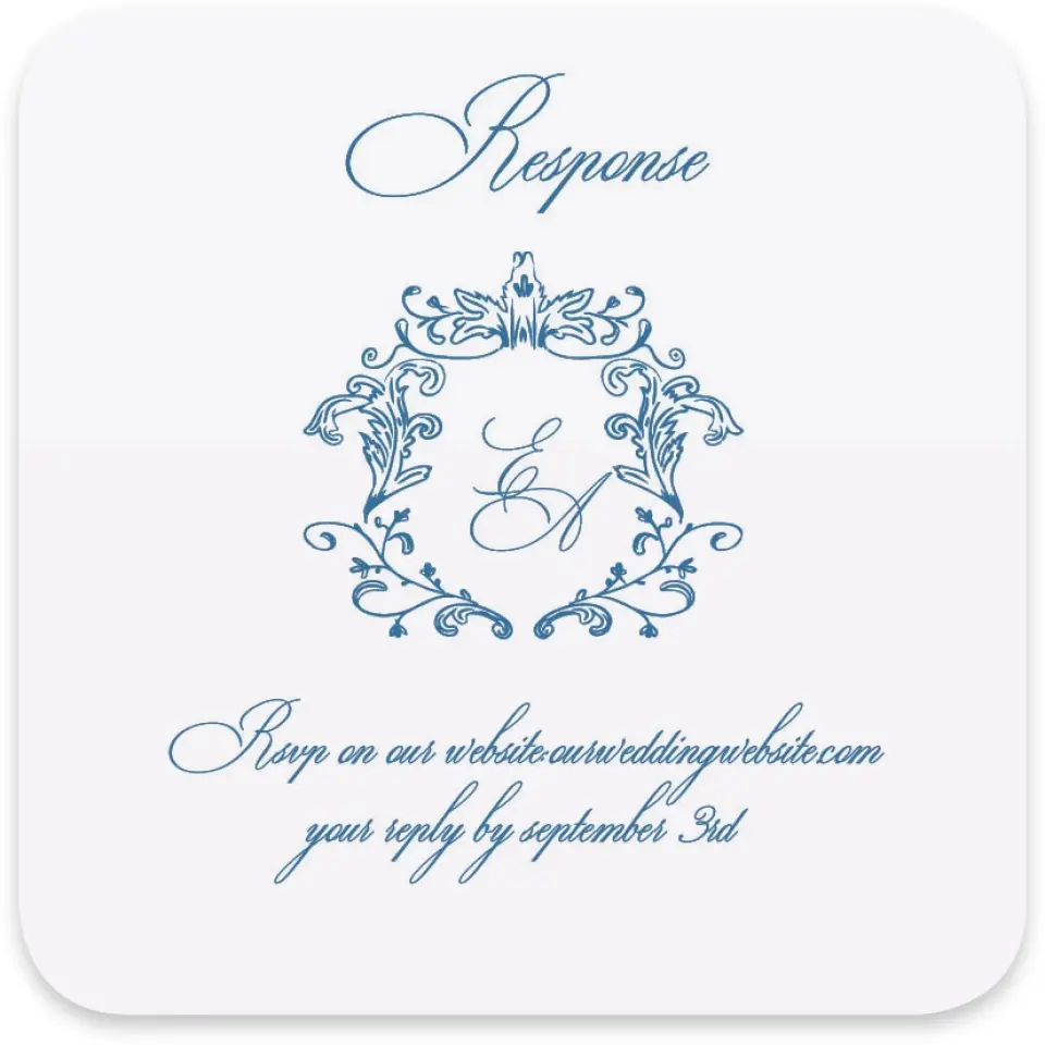 This is a 4" x 4" Wedding Invitation RSVP Postcard called Blue Toile Romance printed in full color on Luxe Satin paper