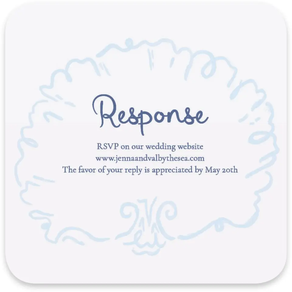 This is a 4" x 4" Wedding Invitation RSVP Postcard called Love by the Sea printed in full color on Luxe Satin paper