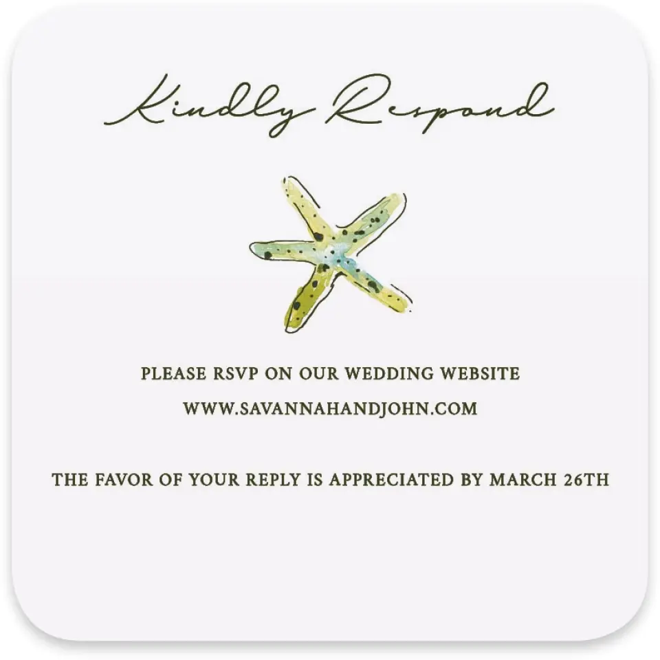This is a 4" x 4" Wedding Invitation RSVP Postcard called Whimsical Shells printed in full color on Luxe Satin paper