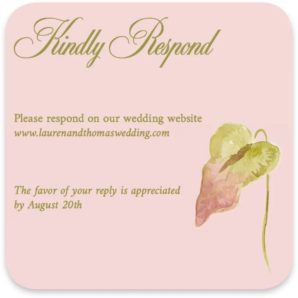 This is a 4" x 4" Wedding Invitation RSVP Postcard called Paradise in Bloom printed in full color on Luxe Satin paper