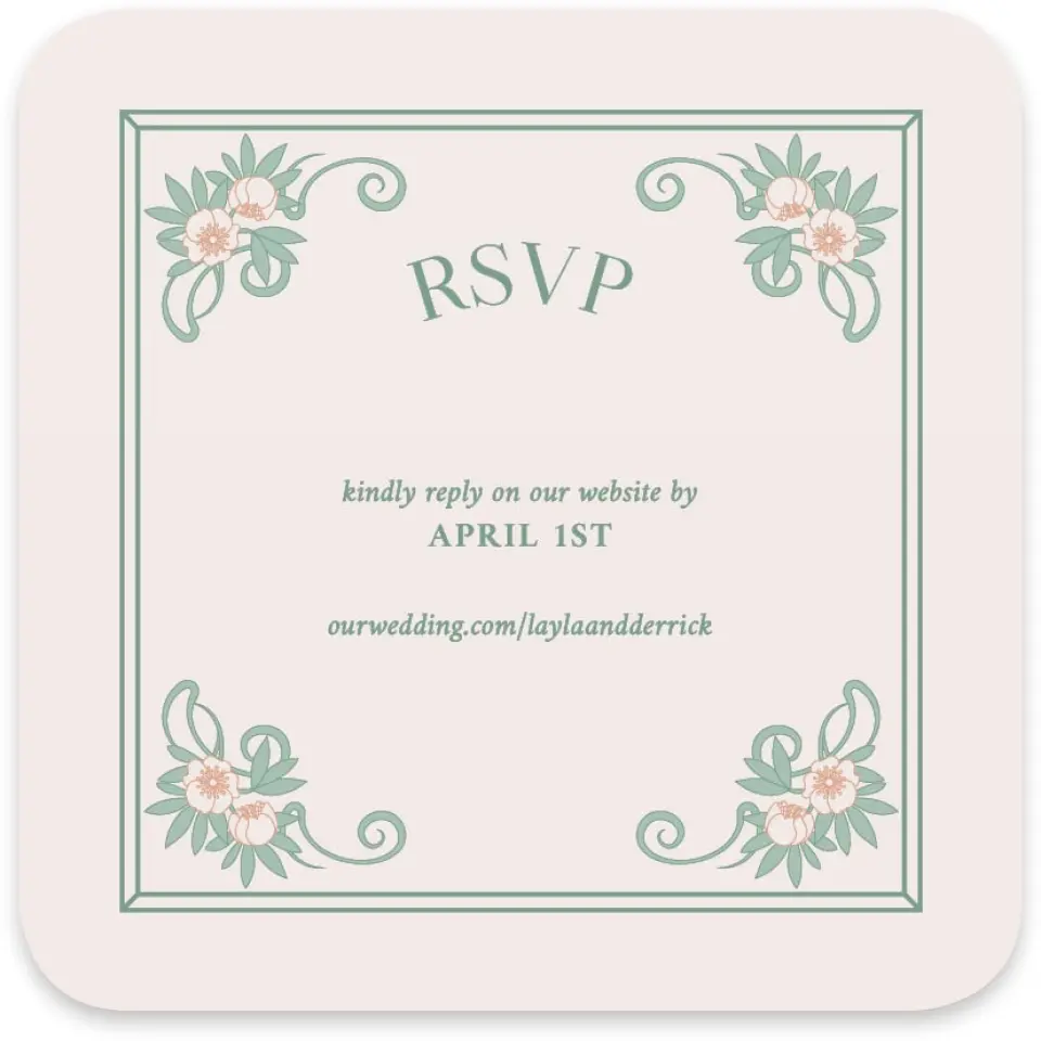 This is a 4" x 4" Wedding Invitation RSVP Postcard called Vintage Dream printed in full color with Gold foil on Luxe Satin paper